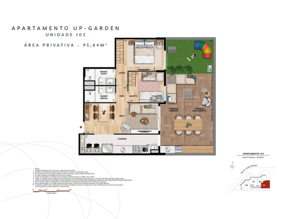 Planta humanizada do Up Garden 103 com 95,84 m² de área privativa