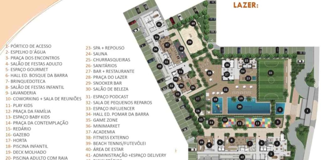 Masterplan do Condominio Jardim da Barra Calçada com localização de todos os itens de lazer